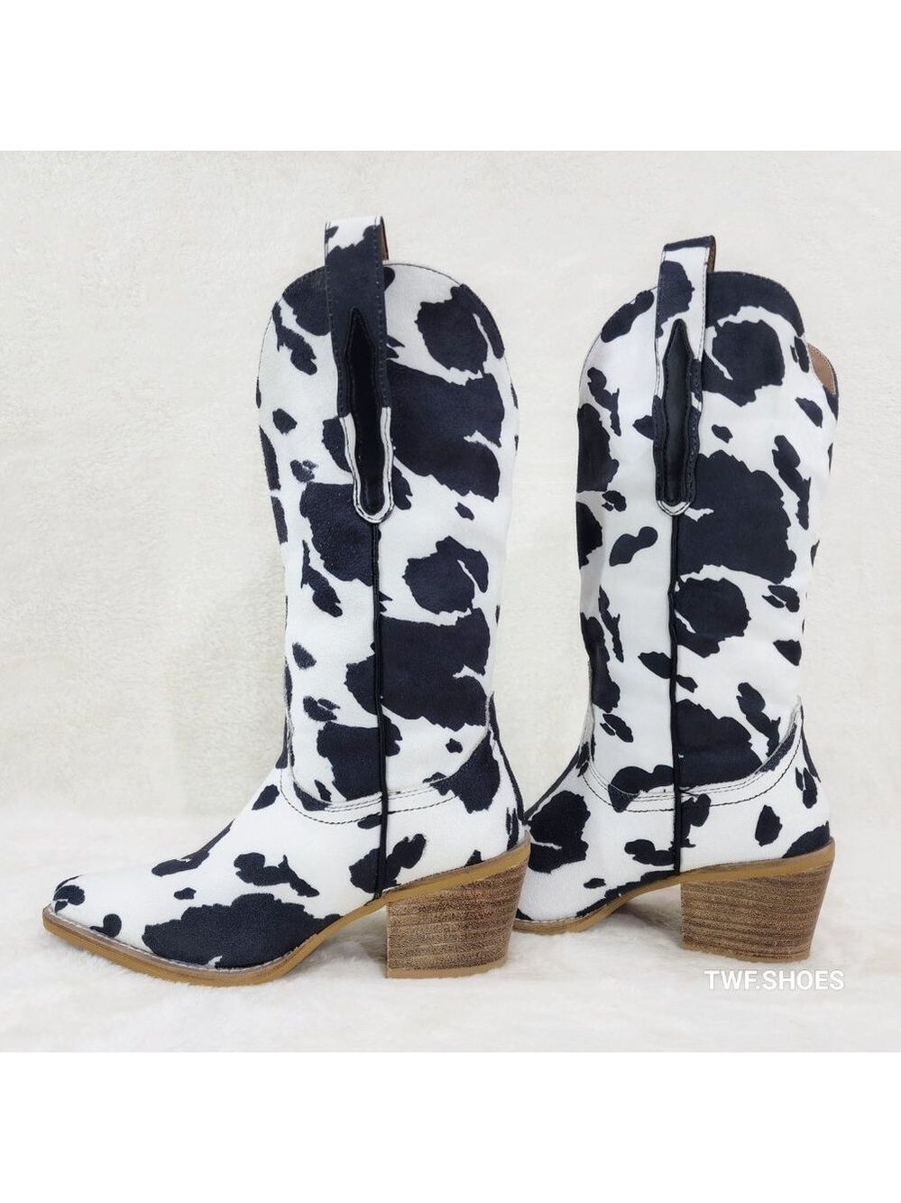 Western Rancher Faux Suede Black White Cow Print Cowboy Pull On Cowgirl Boots